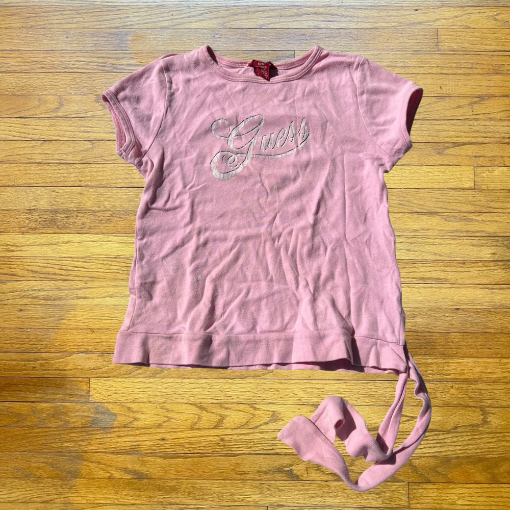 Vintage Guess Jeans Pink Script Logo Side Tie T-Shirt Y2K Womens Medium